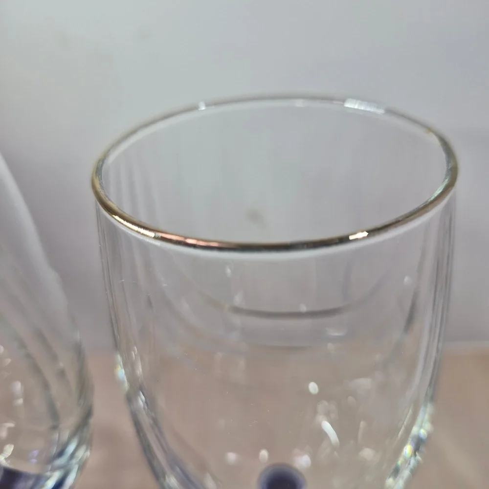 Set of 2‎ Crystal Wine Glasses Blue Stem Swirl Bowl Gold Rim